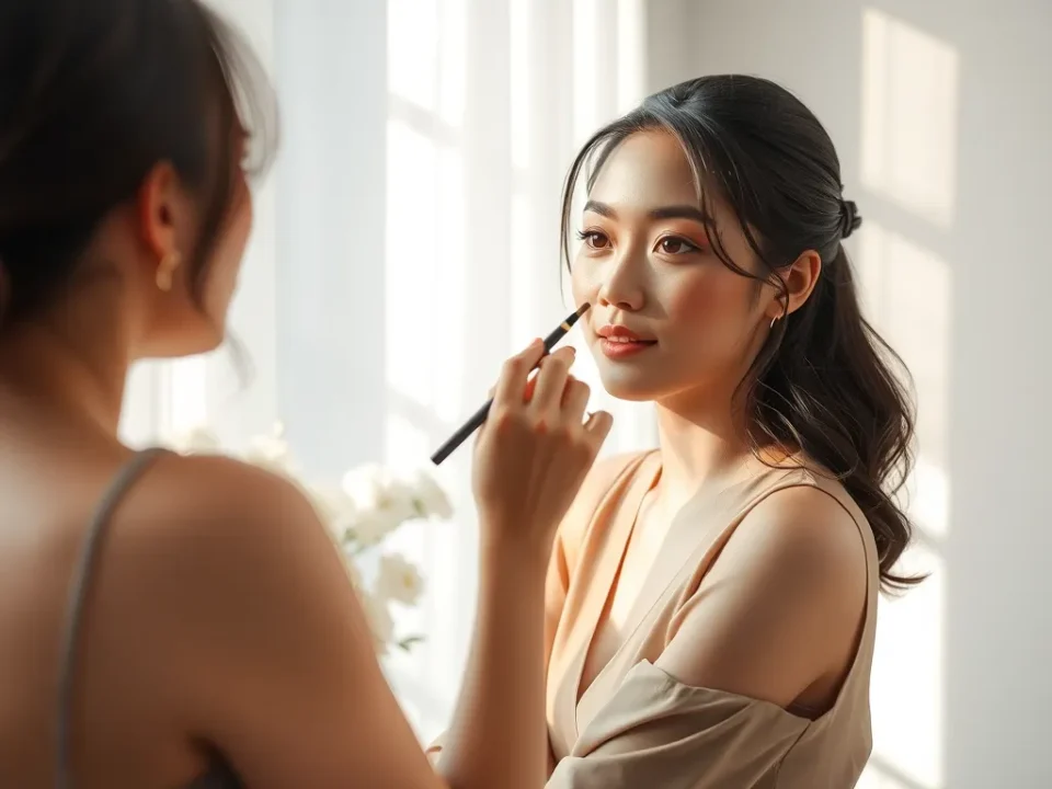 Ảnh blogger Trịnh Phạm trong quá trình trang điểm chuyên nghiệp, thể hiện phong cách làm đẹp trẻ trung và hiện đại