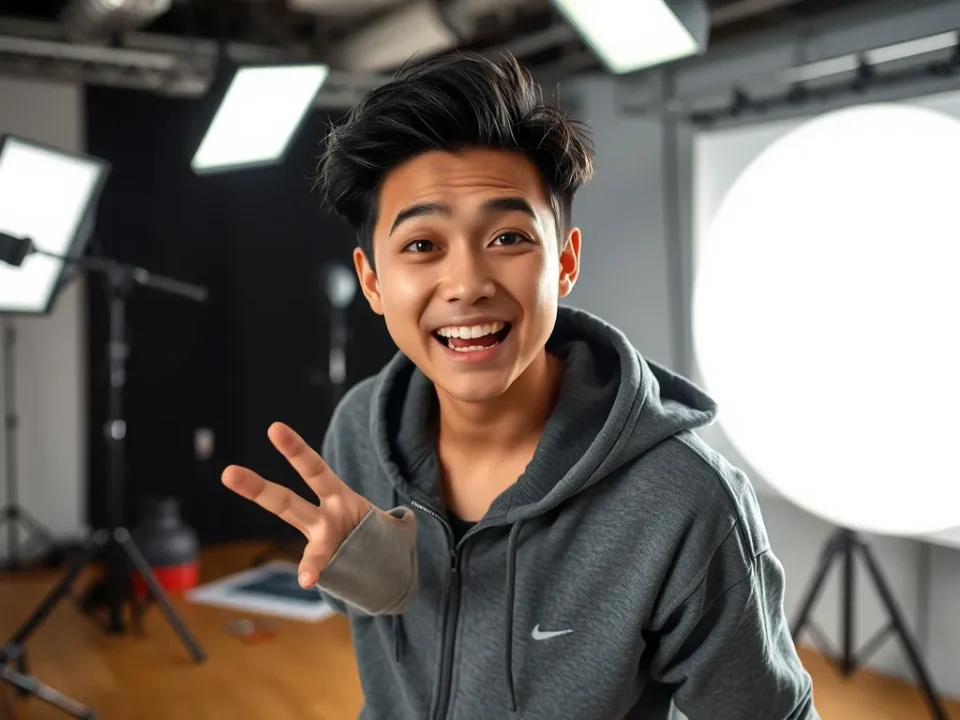 Ảnh cover YouTuber hài hước Dưa Leo (Kiên Nguyễn) với biểu cảm hài hước trong studio hiện đại