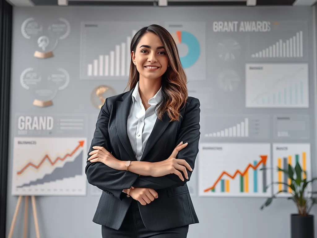CEO Phùng Thanh Tú - KOL truyền cảm hứng khởi nghiệp đứng trong văn phòng hiện đại với biểu đồ thành tích và giải thưởng thương hiệu