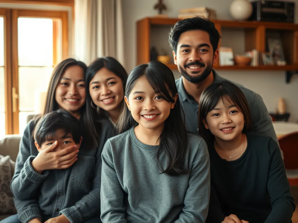 Chân dung Chloe Nguyen cùng gia đình trong không gian ấm cúng, ánh sáng tự nhiên, phong cách nhiếp ảnh chuyên nghiệp