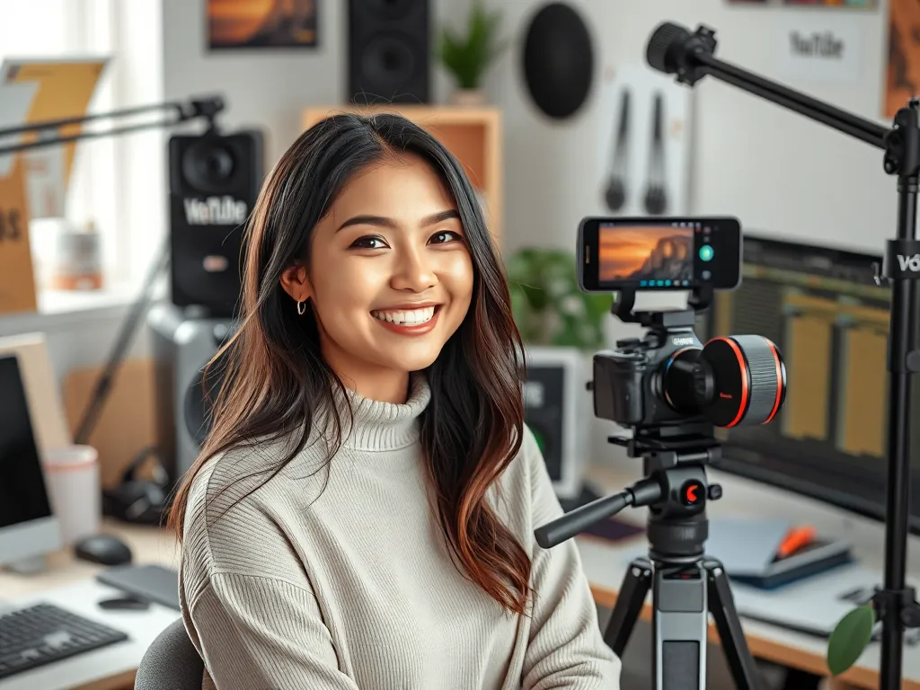 Chân dung nữ sáng tạo nội dung Giang Ơi với trang thiết bị YouTube trong không gian sáng tạo, tiểu sử và hành trình xây dựng kênh