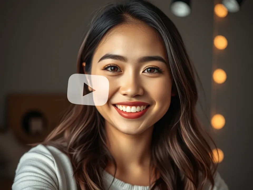 Chân dung nữ YouTuber Giang Ơi với biểu tượng YouTube, hành trình xây dựng kênh triệu người theo dõi, ánh sáng studio hiện đại