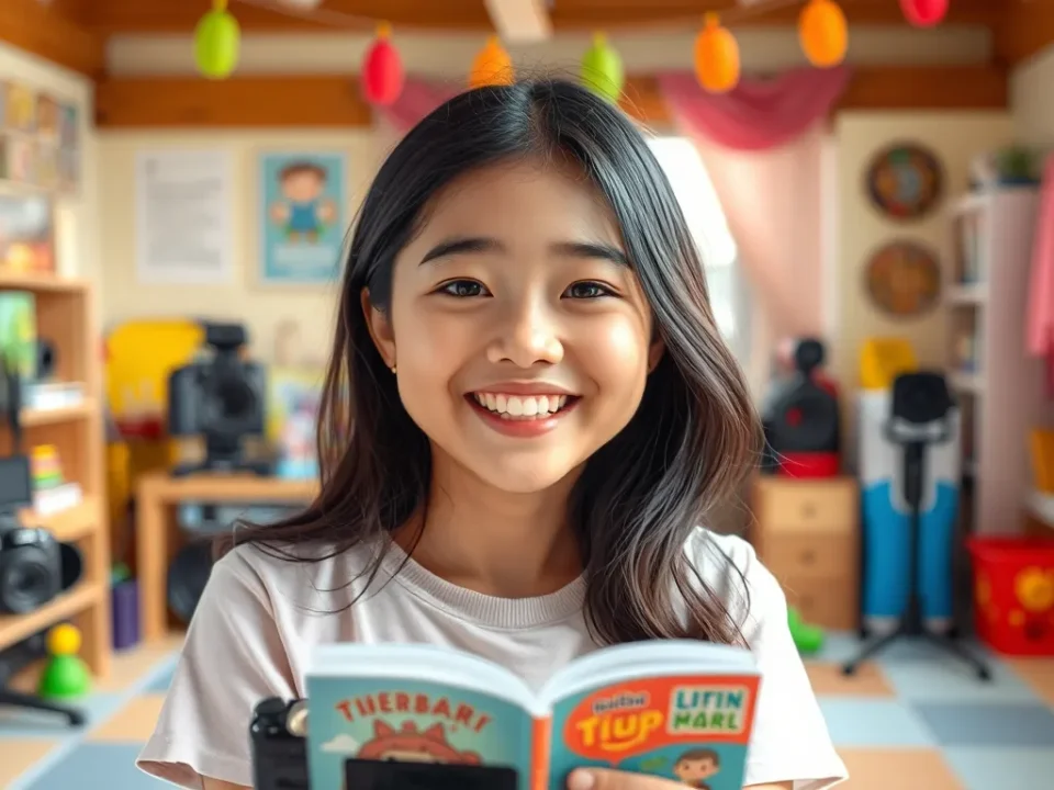 Chân dung nữ YouTuber thiếu nhi Thơ Nguyễn trong không gian sáng tạo đầy màu sắc, ánh sáng tự nhiên tươi sáng