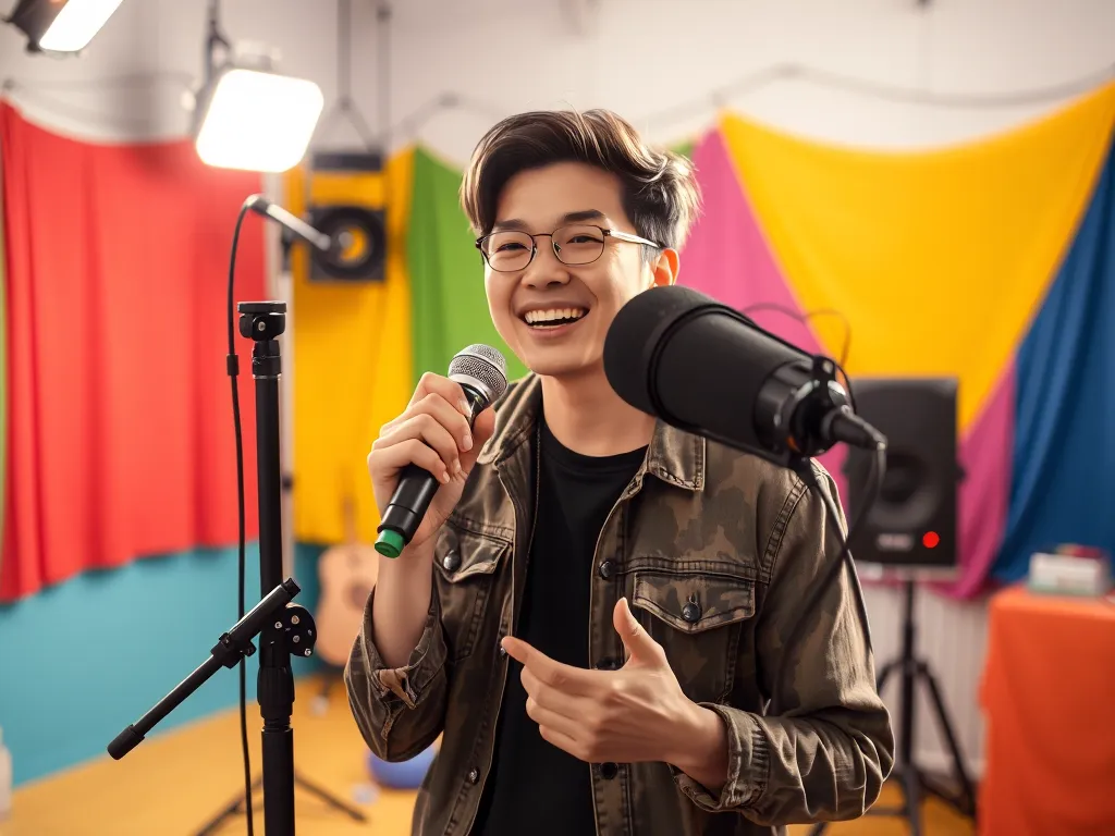Chàng YouTuber hài hước Dưa Leo (Kiên Nguyễn) đang quay video với trang phục trẻ trung trong studio sáng s
