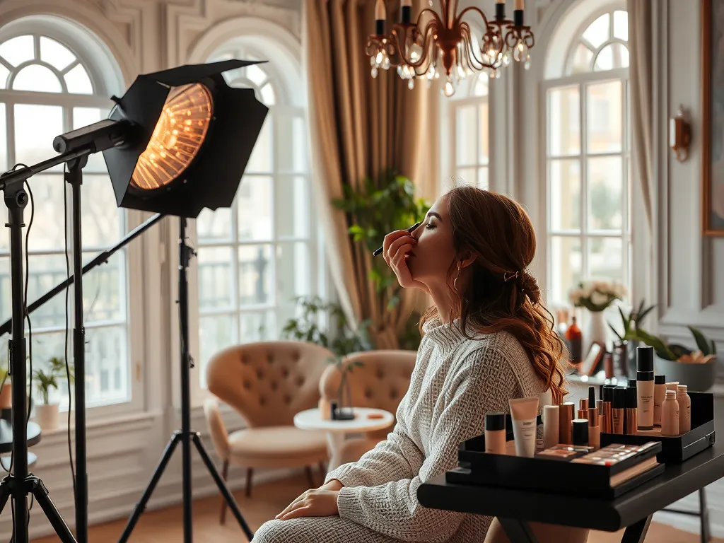 Chloe Nguyễn đang trang điểm trong phòng làm việc chuyên nghiệp, thể hiện hành trình trở thành beauty KOL Việt Nam chinh phục khán giả toàn cầu