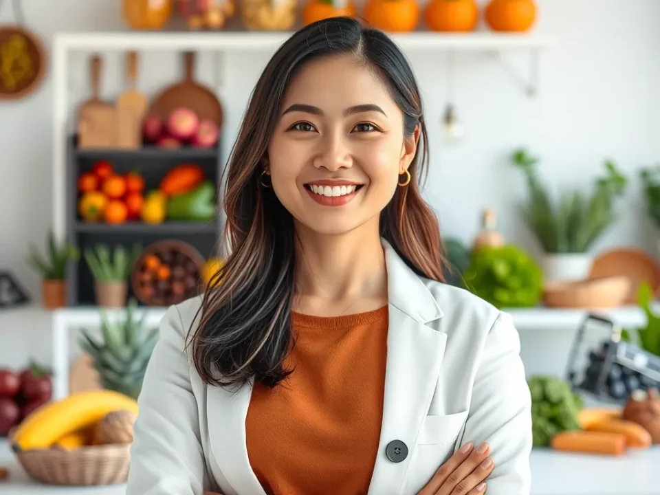 Chuyên gia dinh dưỡng Hà Linh cười tự tin trong trang phục hiện đại, bối cảnh studio sáng với các yếu tố dinh dưỡng
