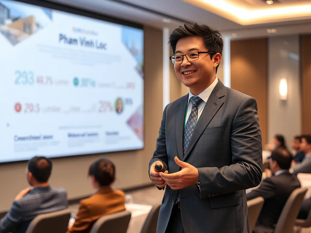 Diễn giả Phạm Vĩnh Lộc trình bày với timeline lịch sử và trực quan hóa dữ liệu marketing trong phòng hội nghị hiện đại