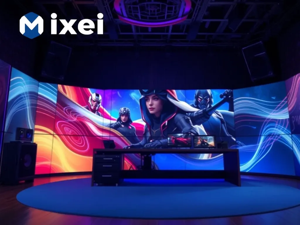 Độ Mixi đang stream với thiết bị gaming chuyên nghiệp, bao quanh là biểu đồ tăng trưởng và giải thưởng trong phòng thu sáng sủa