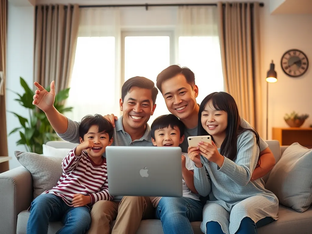 Gia đình vlogger đình đám Hưng Vlog trong bối cảnh gia đình ấm cúng, ánh sáng tự nhiên