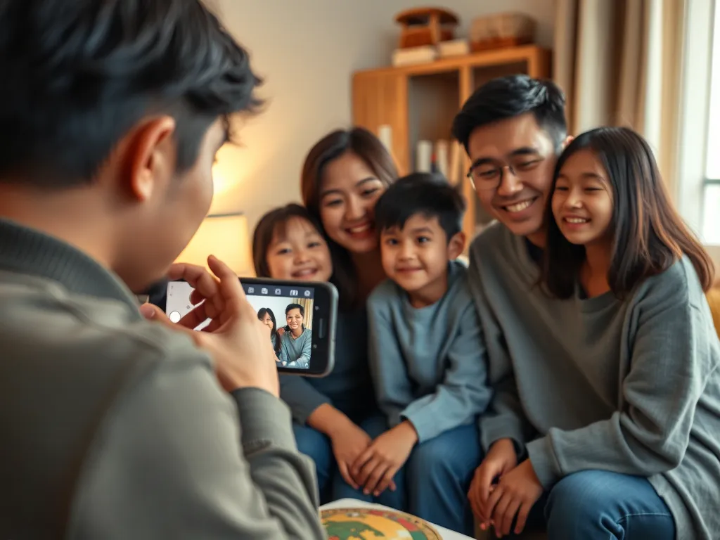 Gia đình vlogger nổi tiếng Hưng Vlog đang quay video tại nhà với ánh sáng ấm áp, phong cách tự nhiên