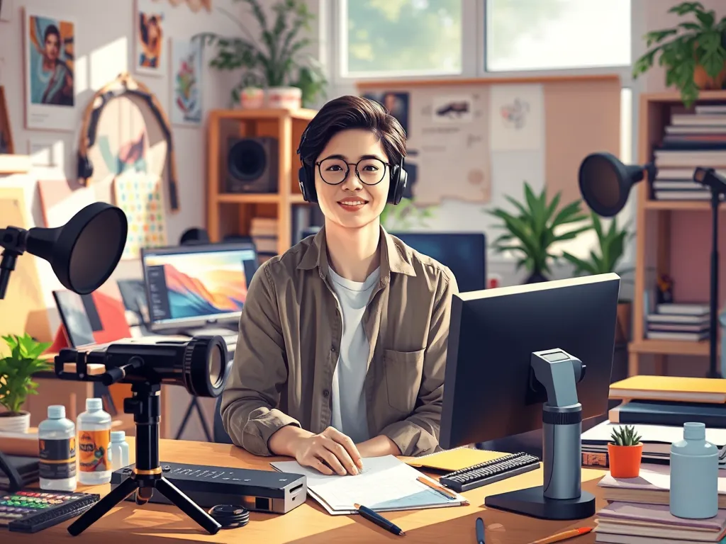 Giang Ơi trong studio sáng tạo với nhiều công cụ sản xuất nội dung, minh họa phong cách và yếu tố thành công kênh YouTube triệu người theo dõi