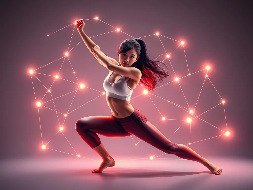 Hana Giang Anh trong tư thế thể hình với mạng lưới kỹ thuật số, minh họa hành trình truyền cảm hứng từ HLV fitness đến KOL triệu người