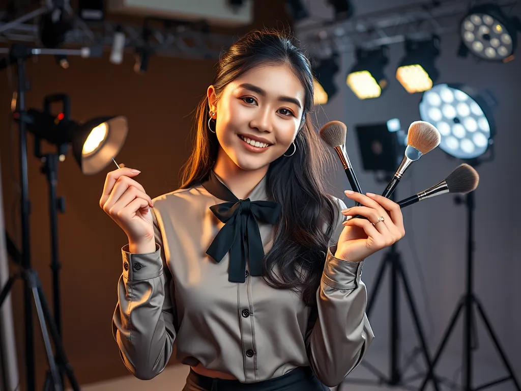 Hình ảnh BB Trần kết hợp diễn viên hài và beauty KOL, cầm micro và cọ trang điểm trong studio sáng sủa