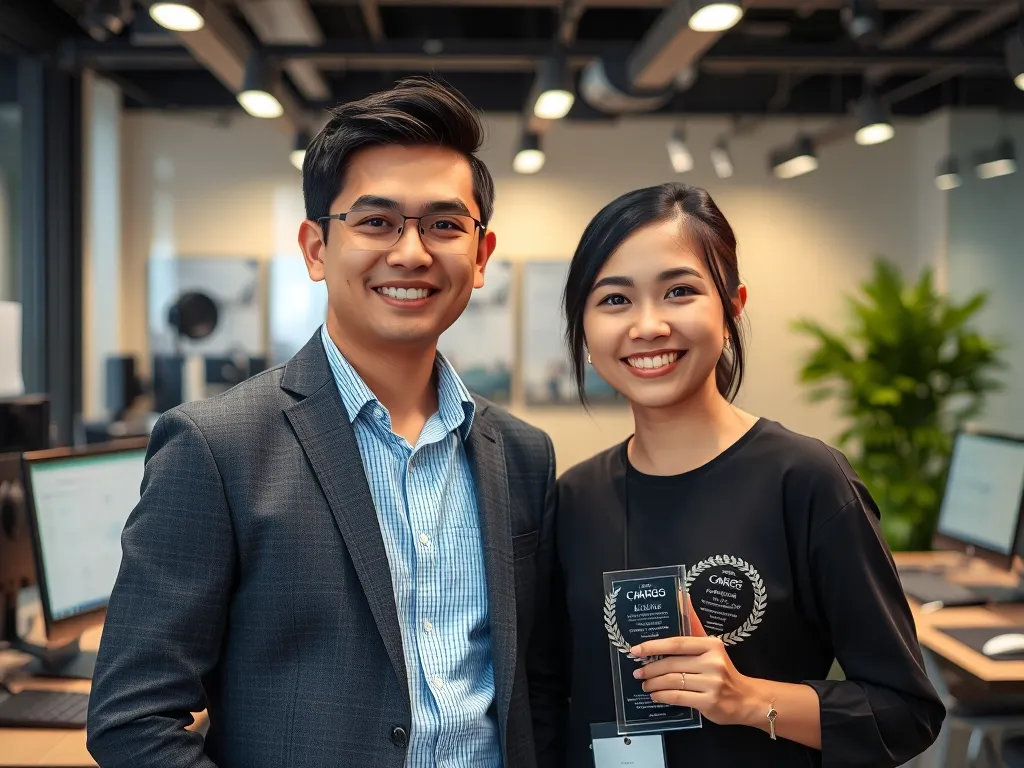 Hình ảnh cặp đôi vlogger Phở Đặc Biệt trong văn phòng hiện đại, thể hiện hành trình thành công từ 0 đến triệu lượt xem