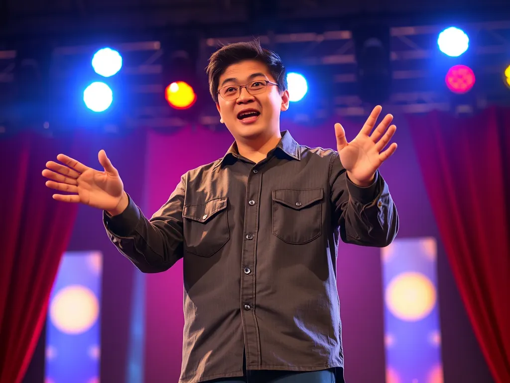 Hình ảnh diễn viên hài độc thoại Dưa Leo (Kiên Nguyễn) biểu diễn trên sân khấu với phong cách hài hước đặc trưng