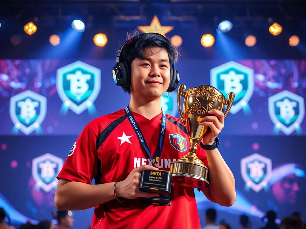 Hình ảnh game thủ LMHT SofM cầm cúp vô địch và biểu tượng thành tích trong giải đấu esports chuyên nghiệp