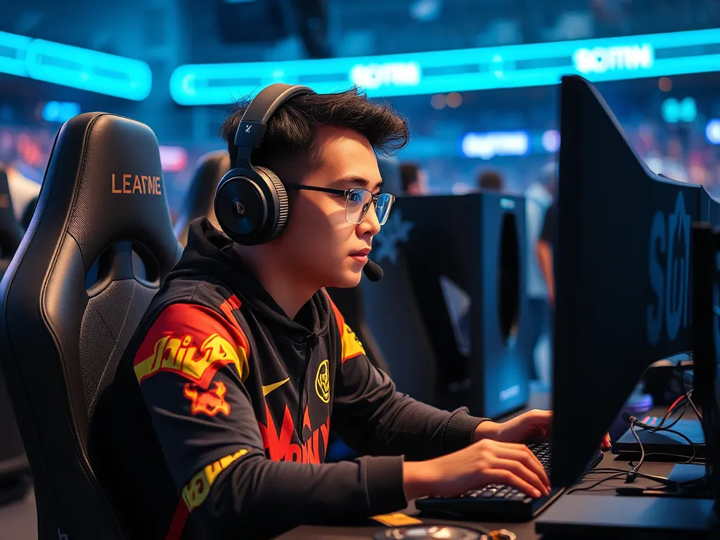 Hình ảnh game thủ LMHT Việt Nam SofM đang tập trung thi đấu với thiết bị chuyên nghiệp trong giải đấu esports