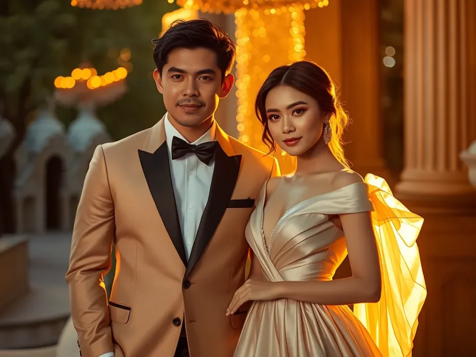 Hình ảnh hot girl Xoài Non cùng chồng Xemesis trong trang phục sang trọng, ánh sáng vàng ấm áp
