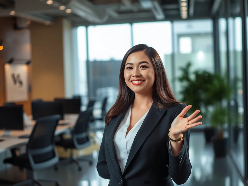Hình ảnh Kaity Nguyễn trong vai trò KOL thế hệ mới giới thiệu ý tưởng kinh doanh tại văn phòng hiện đại