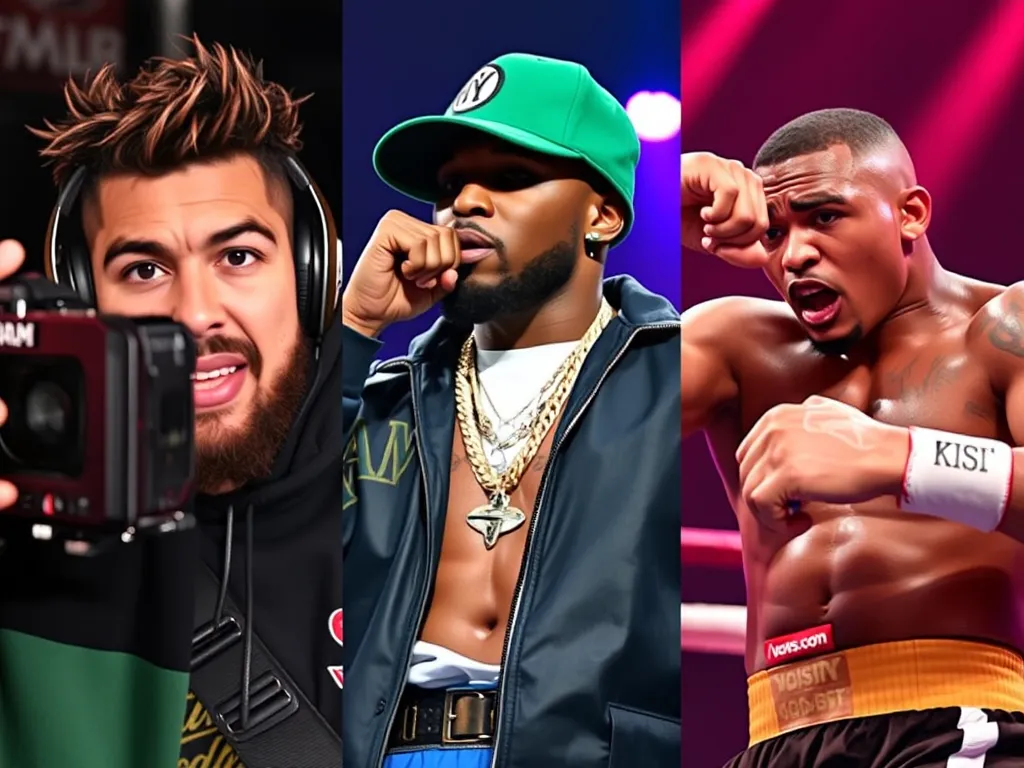 Hình ảnh KSI với ba hình sự nghiệp: YouTuber, rapper và võ sĩ quyền anh, thể hiện sự đa tài của ngôi sao người Anh