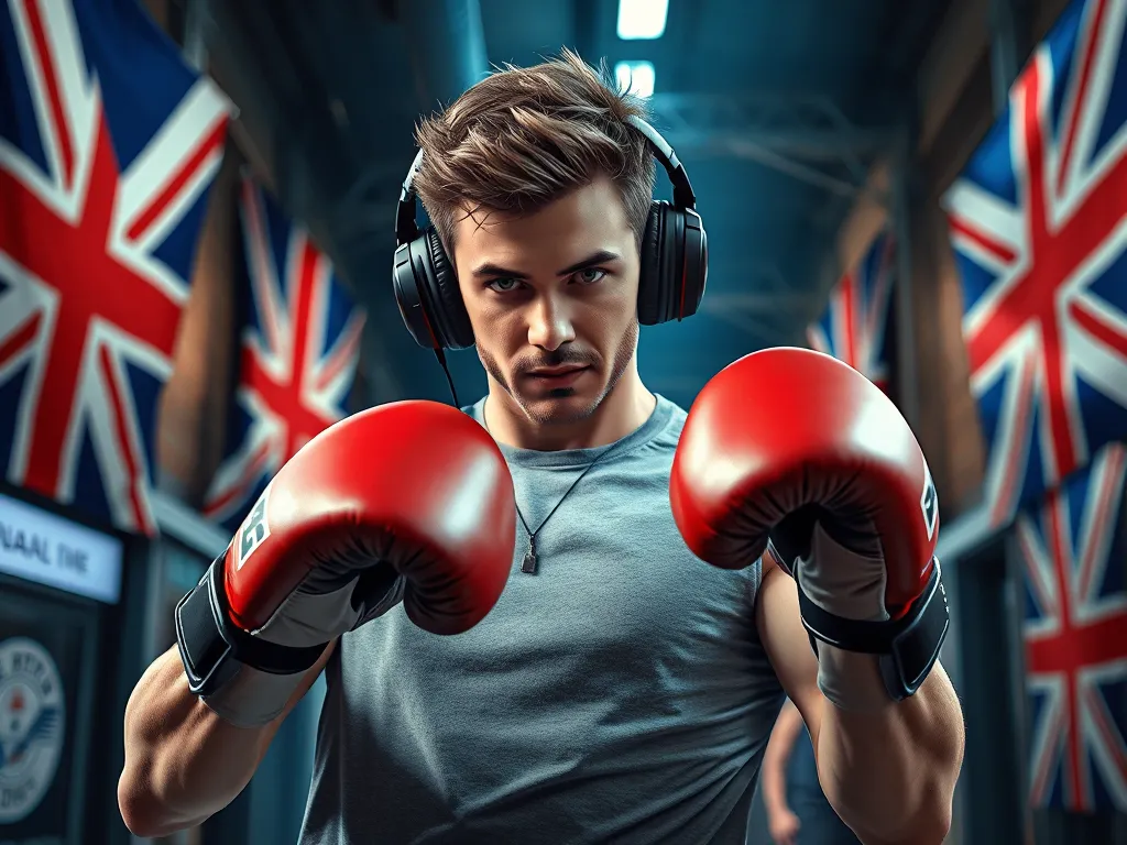 Hình ảnh KSI - YouTuber, rapper, boxer người Anh đa tài trong tư thế năng động với găng tay đấm boxing và tai nghe
