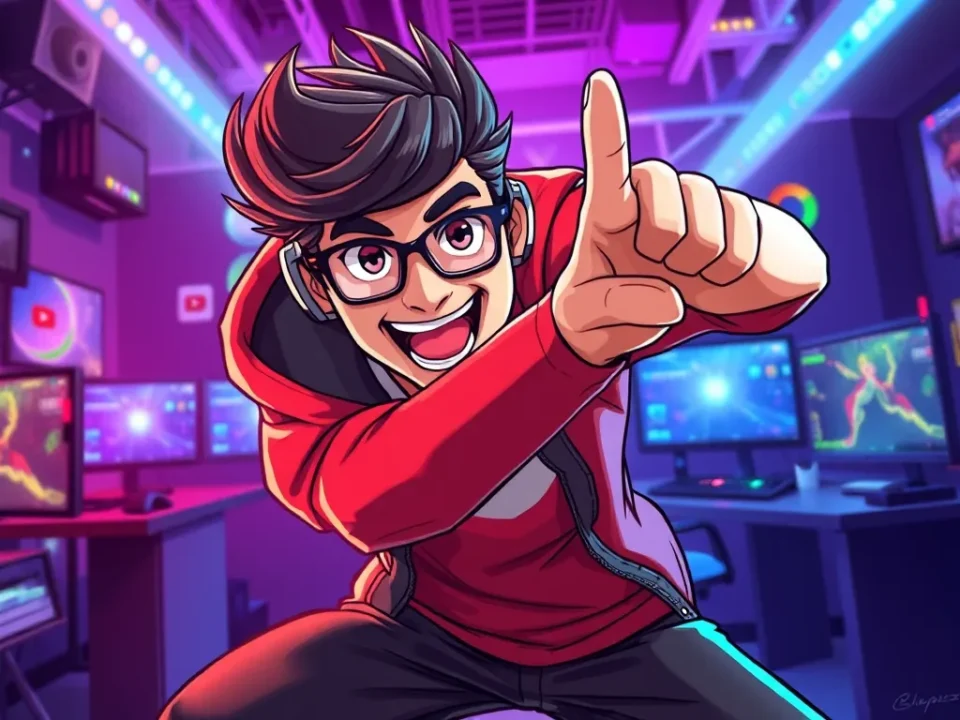 Hình ảnh Markiplier trong tư thế gaming với biểu tượng YouTube, bối cảnh gaming setup chuyên nghiệp