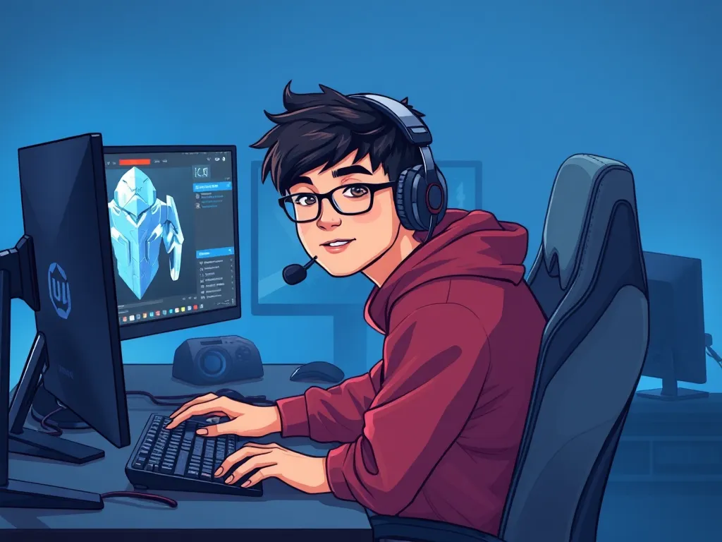 Hình ảnh MC eSports Bomman tại bàn làm việc chuyên nghiệp với đầy đủ thiết bị gaming, ánh sáng xanh dịu