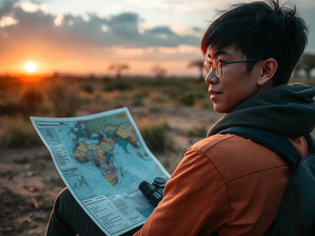Hình ảnh Quang Linh Vlogs khởi đầu hành trình đến châu Phi với bản đồ và hành trang dưới ánh hoàng hôn