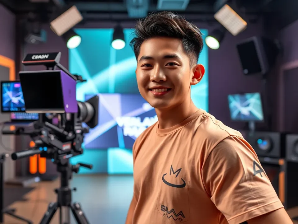 Hình ảnh streamer-actor PewPew trong không gian giải trí chuyên nghiệp, thể hiện sự nghiệp đa tài của ngôi sao Việt