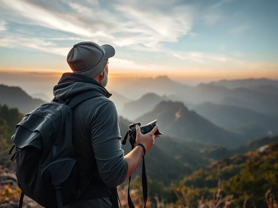 Hình ảnh travel blogger Khoai Lang Thang khám phá cảnh quan núi non với balo và máy quay, ảnh bìa tiểu sử vlogger nổi tiếng Việt Nam