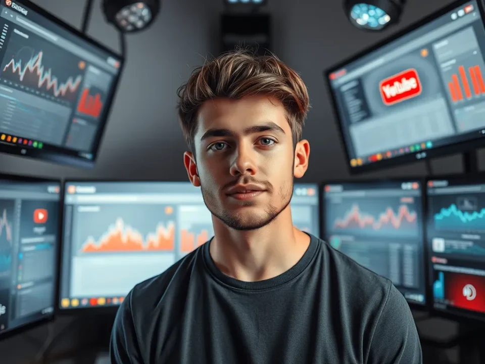 Hình ảnh YouTuber MrBeast trong studio hiện đại với các màn hình dữ liệu và ánh sáng động, đại diện cho hành trình xây dựng đế chế nội dung