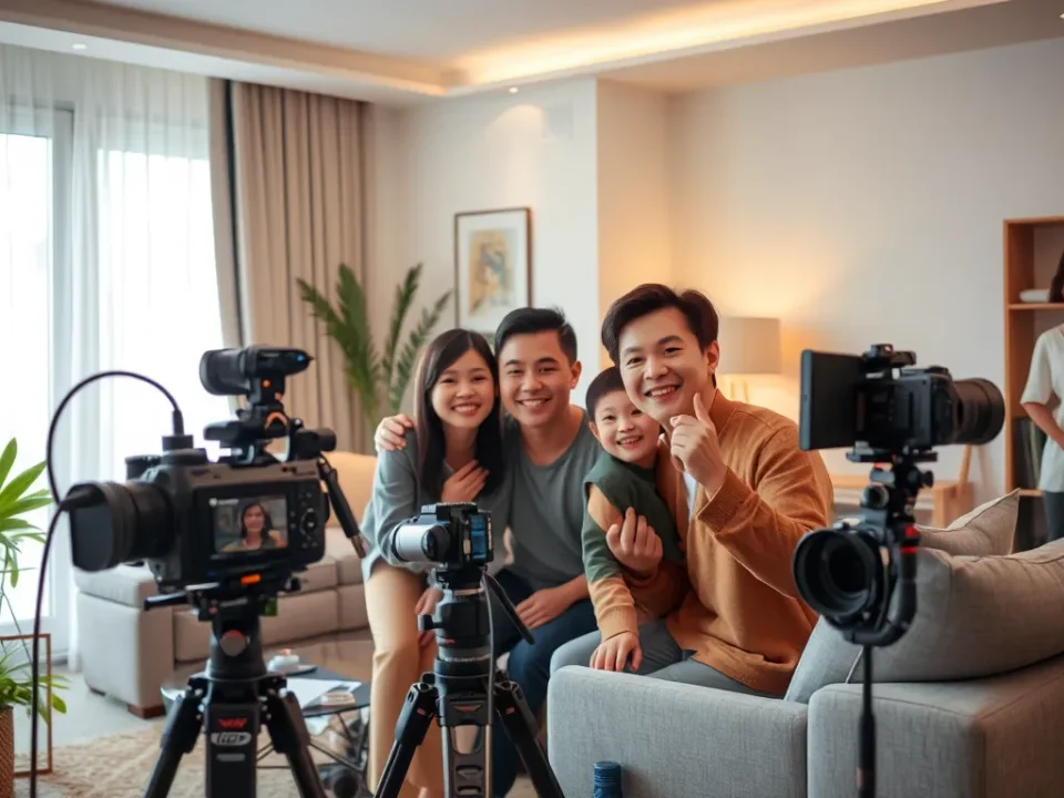 Hưng Vlog và gia đình quay video blog chuyên nghiệp trong phòng khách hiện đại, thiết bị quay phim cao cấp