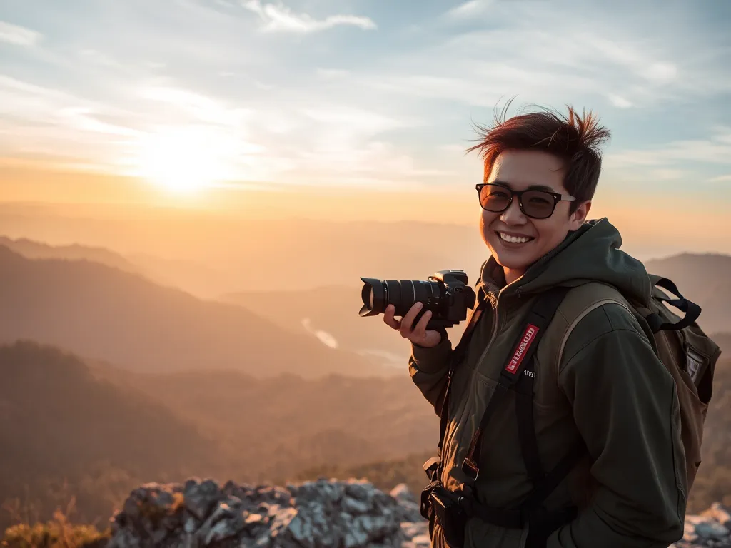 Khoai Lang Thang, travel vlogger nổi tiếng nhất Việt Nam, đang chụp ảnh trên đỉnh núi dưới ánh nắng chiều, phong cách mạo hiểm