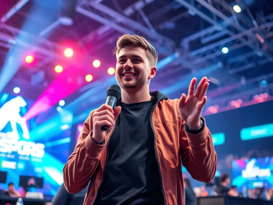 MC eSports Bomman trong giải đấu game chuyên nghiệp với ánh sáng sân khấu rực rỡ và không khí sôi động