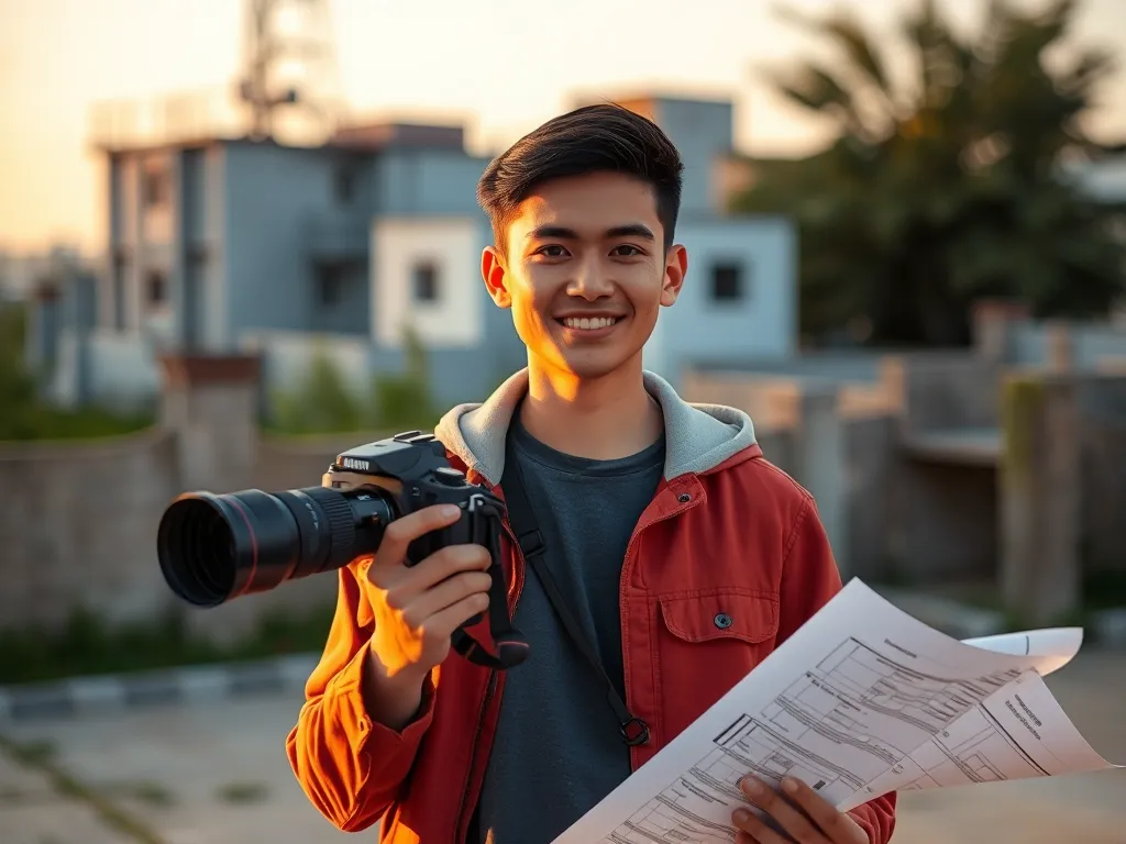 Người đàn ông trẻ Việt Nam chuyển đổi từ kỹ sư xây dựng thành travel vlogger, cầm bản thiết kế và máy ảnh, bối cảnh ngoài trời với ánh sáng vàng ấm áp