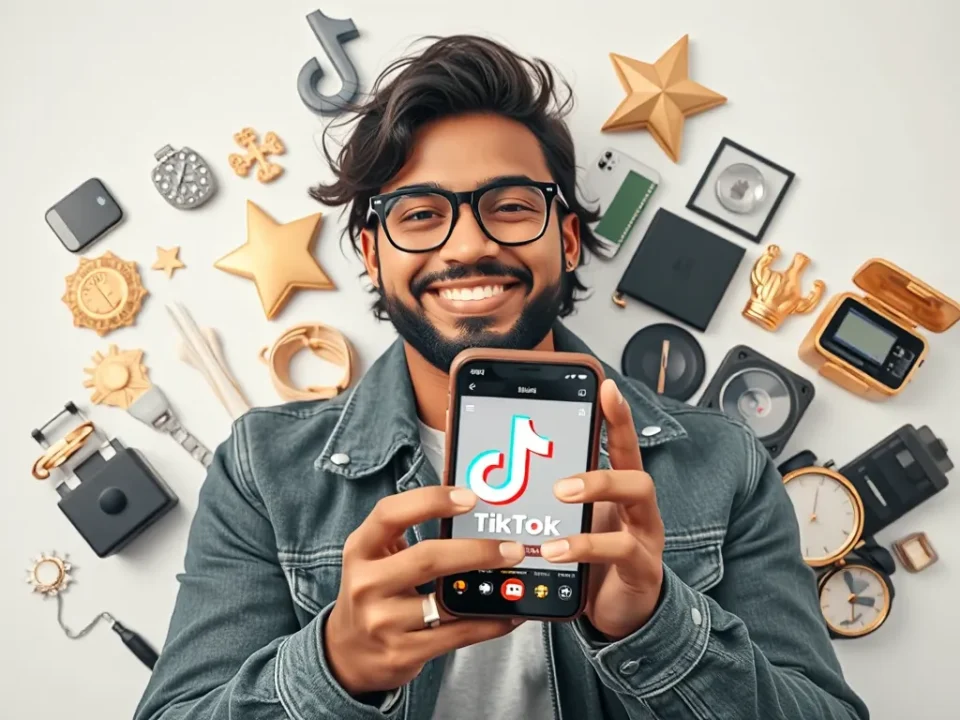 Người sáng tạo nội dung thành công với điện thoại TikTok trong studio sang trọng, đại diện cho sự giàu có và thành công trên mạng xã hội