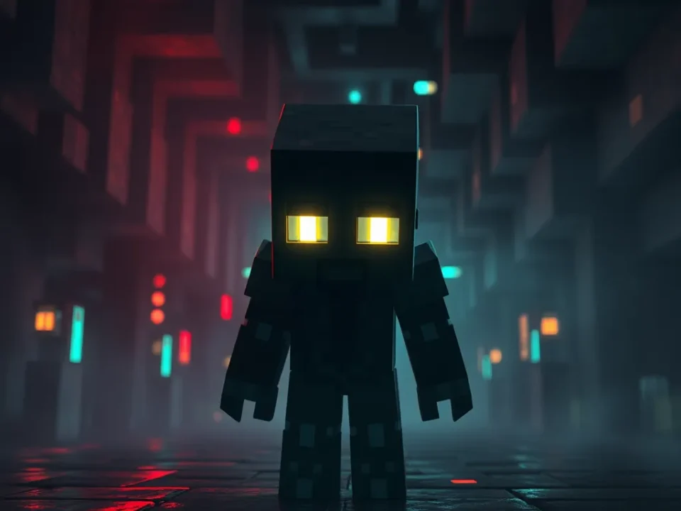 Nhân vật Minecraft bí ẩn với ánh mắt phát sáng trong thế giới số, phong cách pixel art, ánh sáng huyền ảo