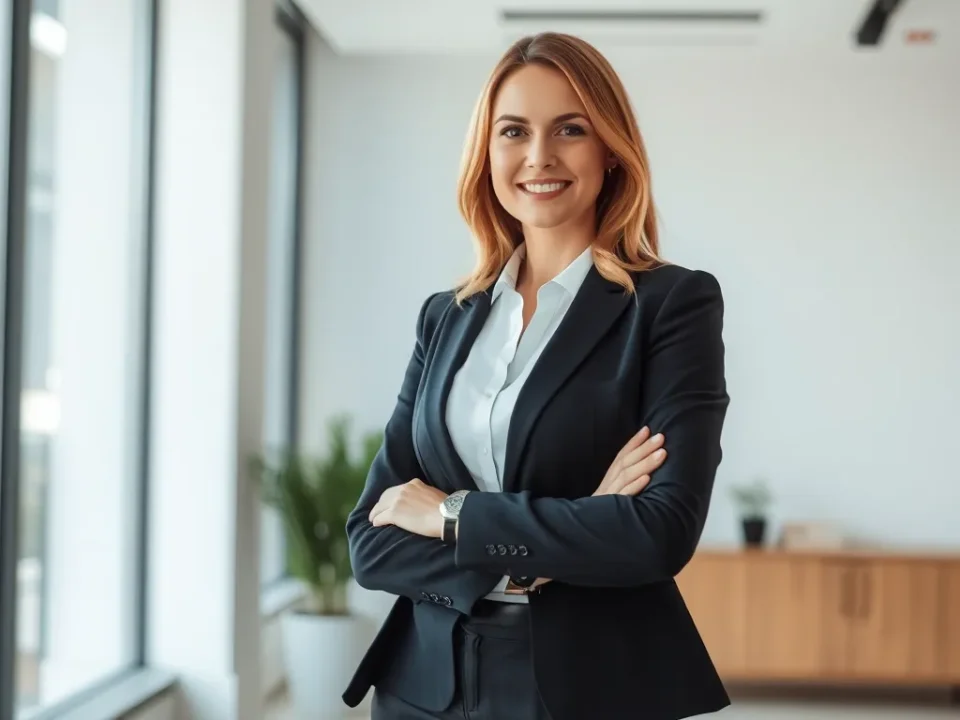 Nữ CEO Phùng Thanh Tú trong trang phục chuyên nghiệp, tự tin tại văn phòng hiện đại, hình ảnh truyền cảm hứng khởi nghiệp