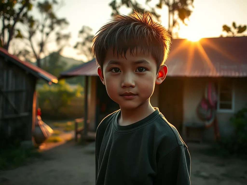 PewPew thời niên thiếu trong làng quê Việt Nam, ngôi nhà truyền thống, ánh sáng hoàng hôn ấm áp, không khí hoài niệm