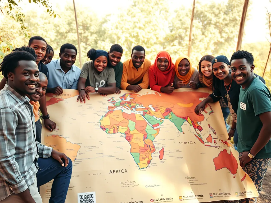 Quang Linh Vlogs cùng đội ngũ châu Phi hợp tác xung quanh bản đồ thế giới tại không gian làm việc sáng sủa, thể hiện tinh thần đoàn kết