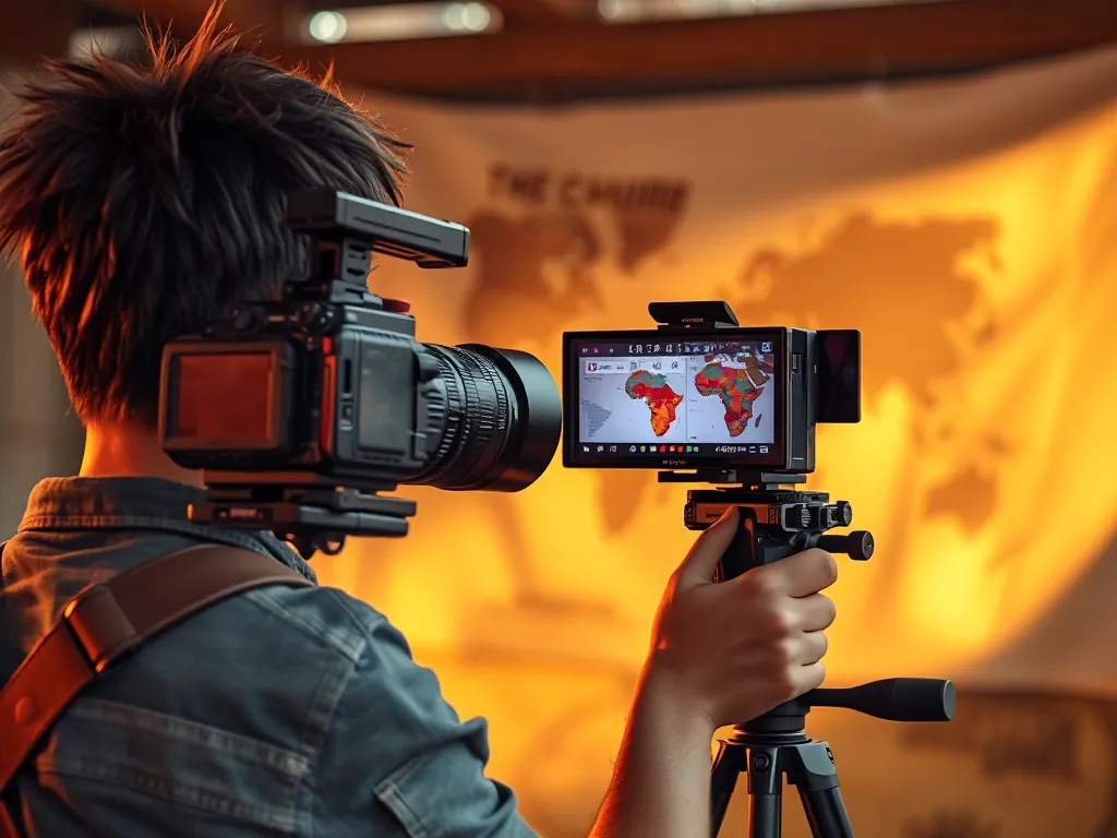 Quang Linh Vlogs đang quay video với máy ảnh chuyên nghiệp, bản đồ châu Phi ở phía sau, ánh sáng tự nhiên ấm áp, phong cách ảnh tư liệu điện ảnh