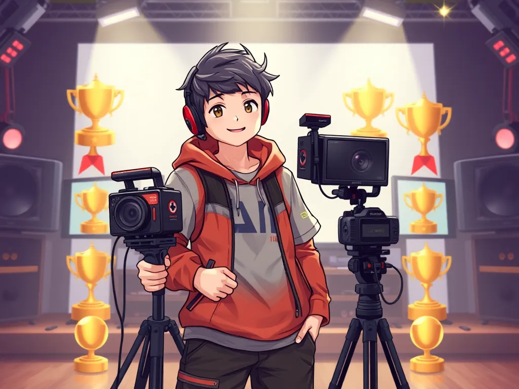 Streamer Độ Mixi đứng tự tin với trang bị streaming, được bao quanh bởi biểu tượng thành tựu trong studio sáng