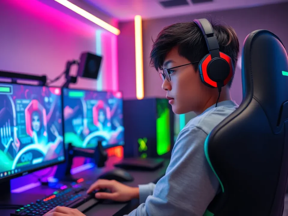 Streamer Gen Z Zeros tập trung chơi game với thiết bị streaming chuyên nghiệp, màn hình gaming, ánh sáng RGB