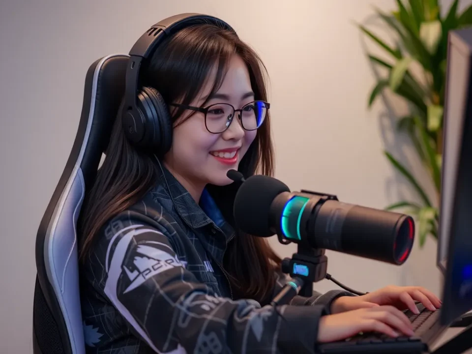 Streamer nữ nổi tiếng Linh Ngọc Đàm trong phòng streaming chuyên nghiệp với thiết bị gaming hiện đại và ánh sáng RGB sống động