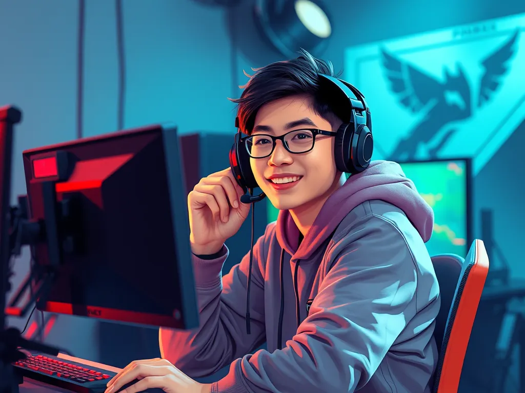 Streamer trẻ tuổi tại thiết bị chơi game chuyên nghiệp, ánh sáng studio hiện đại, phong cách nghệ thuật số