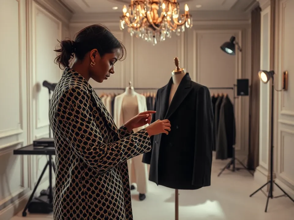 Stylist Decao - biểu tượng thời trang đang phối đồ trong phòng thiết kế chuyên nghiệp, đầy cảm hứng