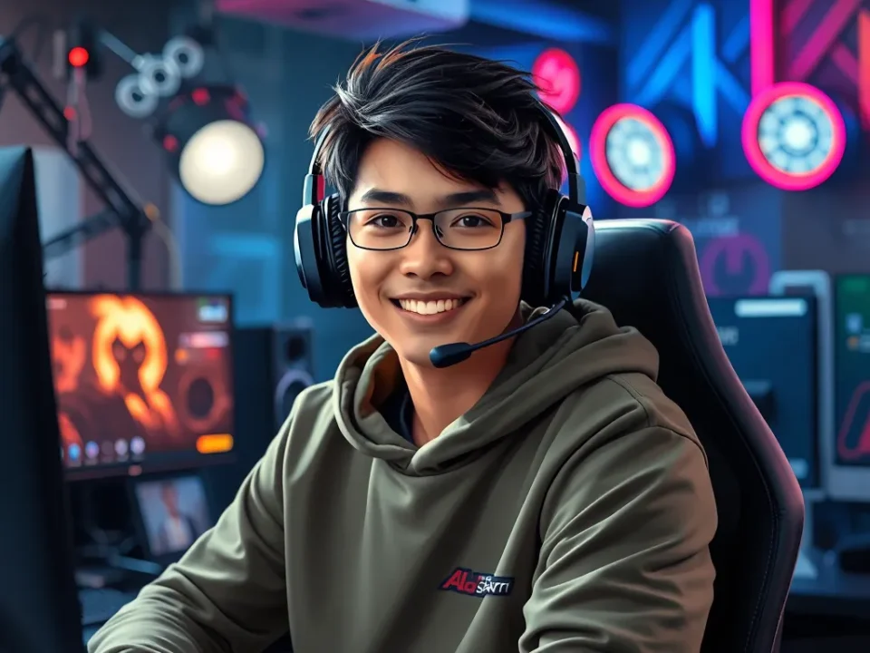 Thầy giáo Ba -Streamer chuyên nghiệp với tai nghe và thiết bị chơi game hiện đại trong studio ánh sáng chuyên nghiệp, bối cảnh gaming sống động