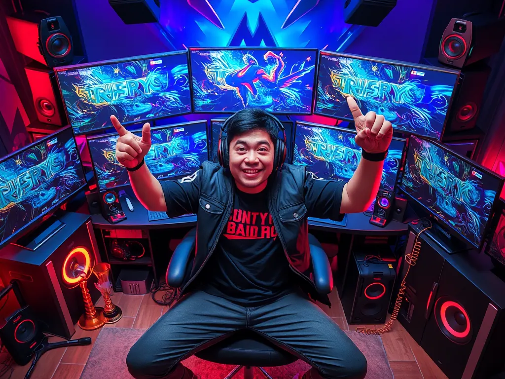 Thầy Giáo Ba trong phòng streaming với thiết bị game và giải thưởng, thể hiện phong cách đặc biệt và thành tựu streamer huyền thoại Việt