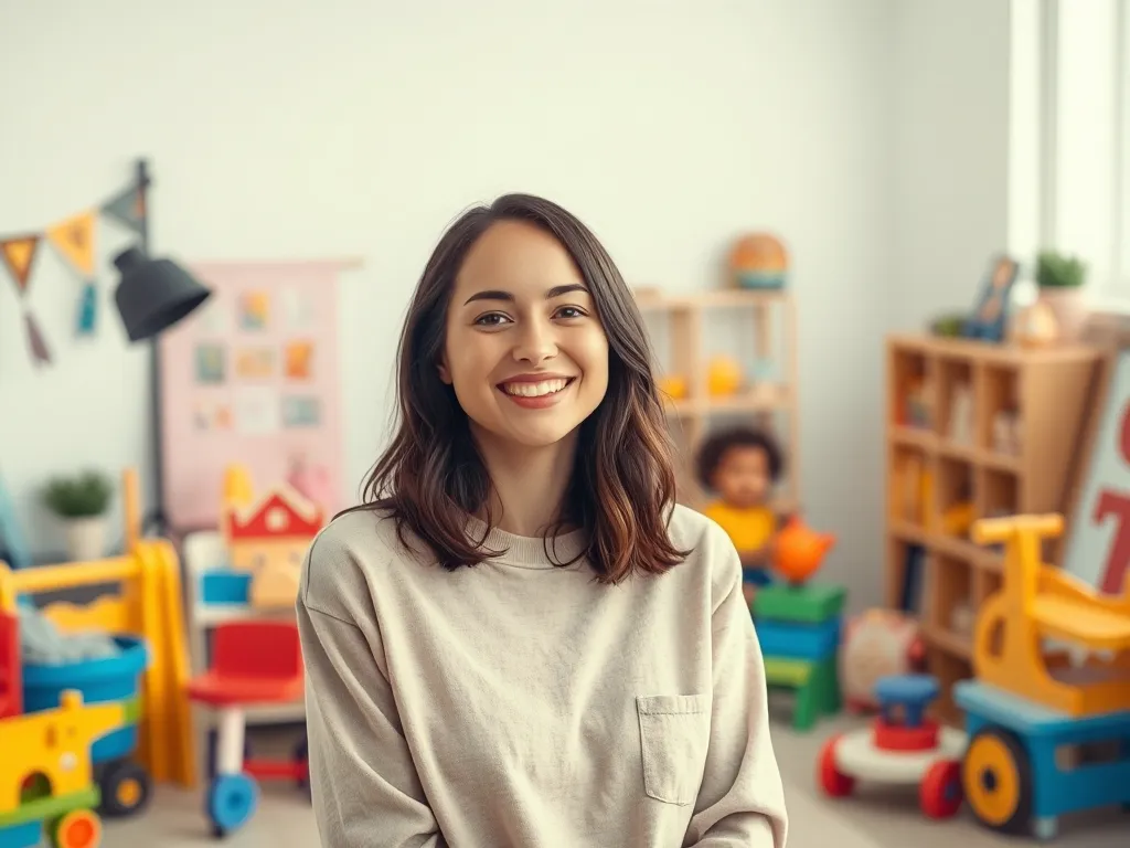 Thơ Nguyễn trong studio sáng tạo với đồ trang trí dành cho trẻ em, ánh sáng tự nhiên, phong cách chuyên nghiệp