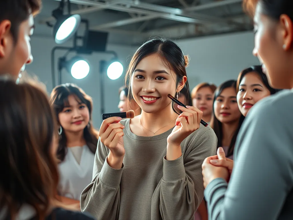 Trình Phạm, beauty blogger nổi tiếng, đang hướng dẫn kỹ năng trang điểm cho giới trẻ Việt trong studio hiện đại